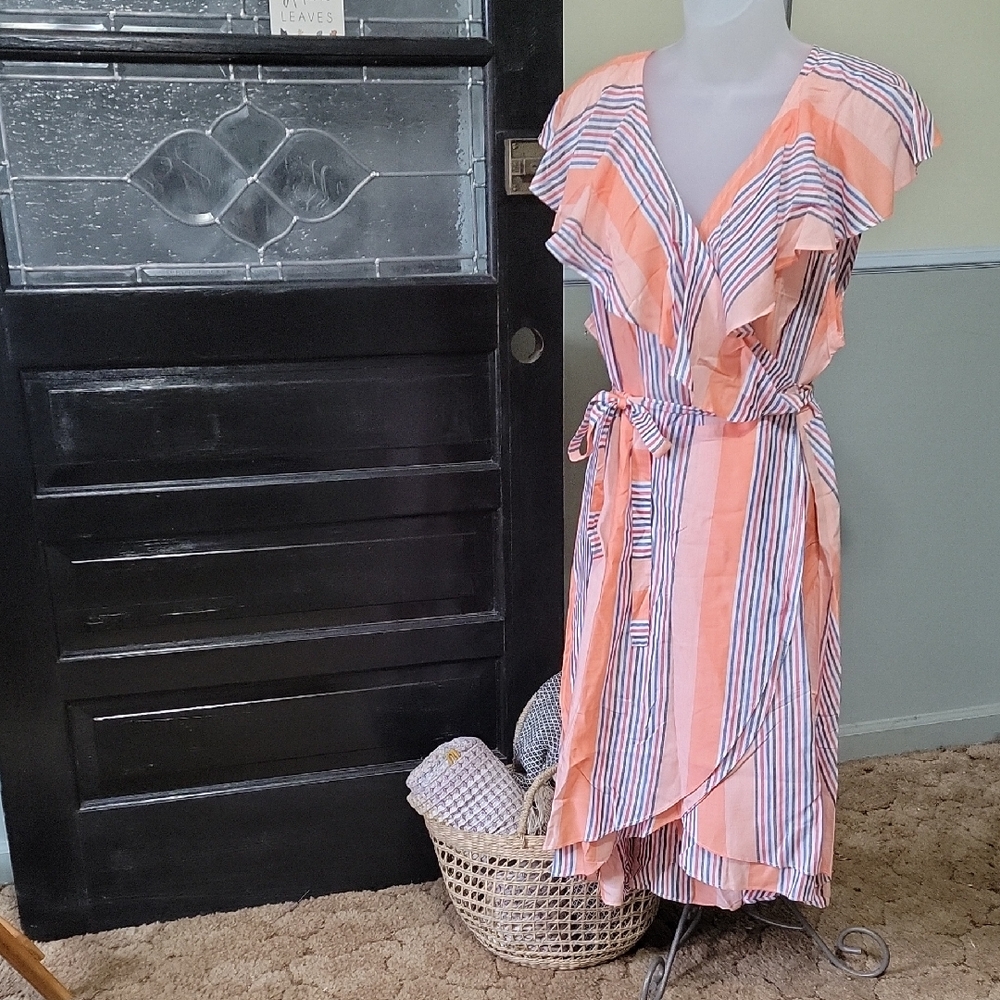 NWT DAVI & DANI Peach And Blue Stripe Asymmetrical Wrap Dress Woman Size 2XL